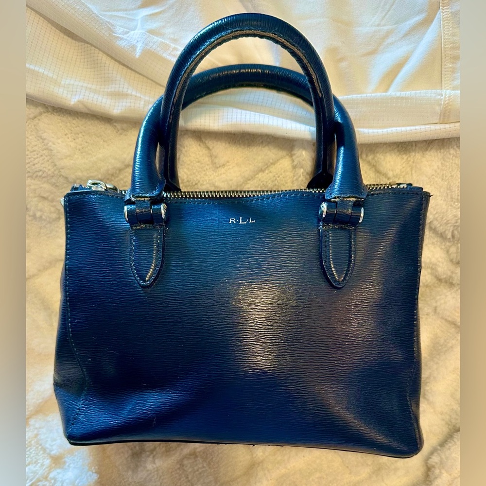 VTG Lauren Ralph Lauren Mini Newbury Navy Leather Perfect For Fall Double Handle